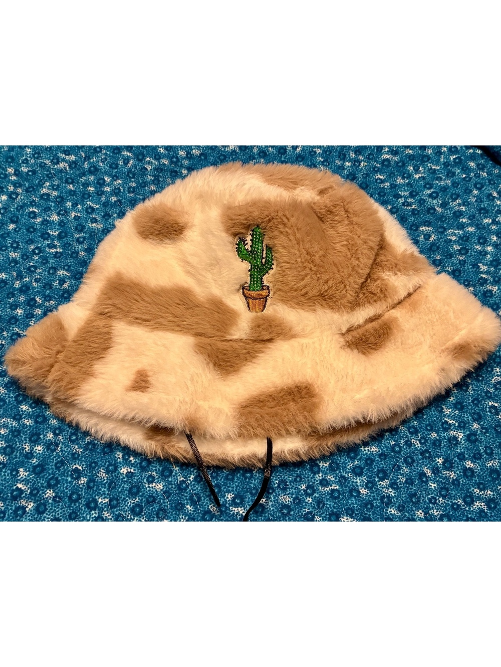 Faux Fur Brown and White Cow Print Bucket Hat with Sequin Cactus Patch